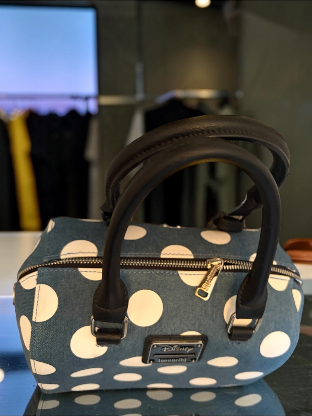 Loungefly Denim Polka Dot Minnie Mouse Satchel with Black Handles - Picture 4 of 6